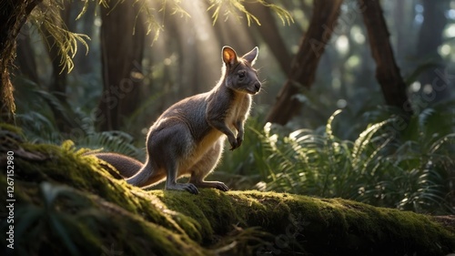 A kangaroo stands on moss in a sunlit forest, surrounded by ferns and trees.