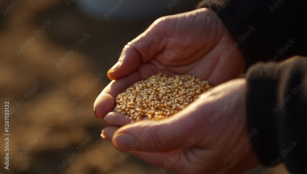 Golden Wheat Grains Held in Hands, Showing Agriculture's Bounty, Cultivating the Earth for Future Harvest, Sustainably Grown Grains in Golden Light.