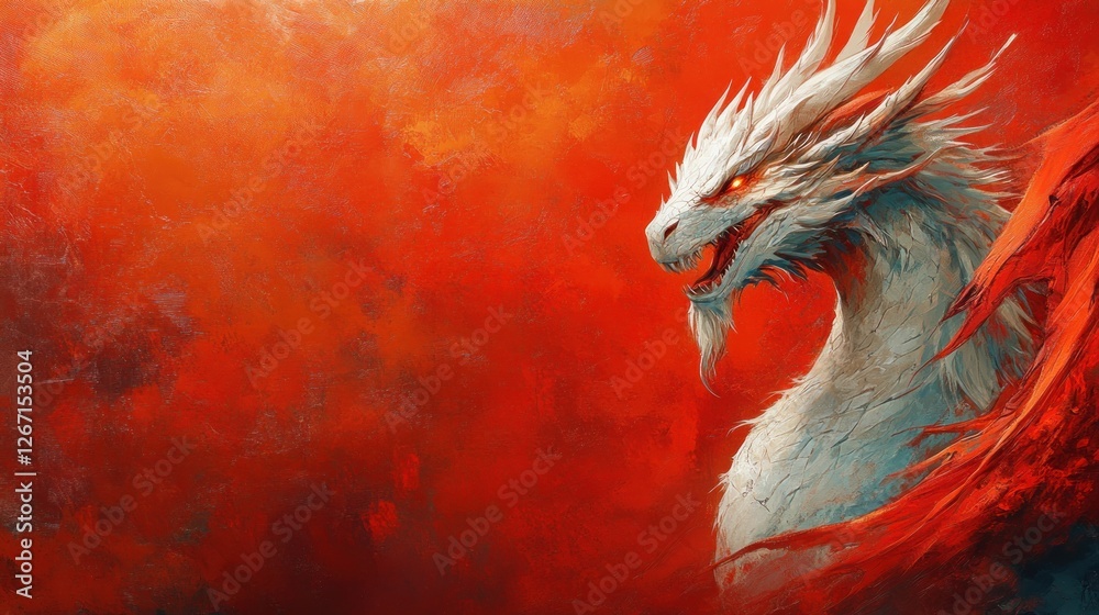 Majestic White Dragon Against Fiery Red Background Majestic White Dragon Against Fiery Red Background