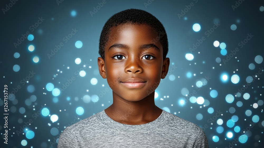 A young boy with a smile on his face is staring at the camera. The background is a blurry, colorful pattern that adds a sense of movement and energy to the image A young boy with a smile on his face is staring at the camera. The background is a blurry, colorful pattern that adds a sense of movement and energy to the image