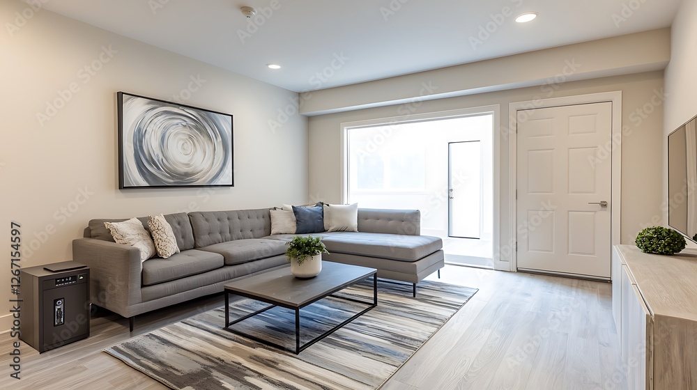 Fototapeta premium A living room with a white door and a white couch