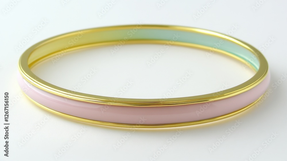 A delicate gold-plated bangle with thin enamel stripes in alternating colors, elegantly displayed A delicate gold-plated bangle with thin enamel stripes in alternating colors, elegantly displayed