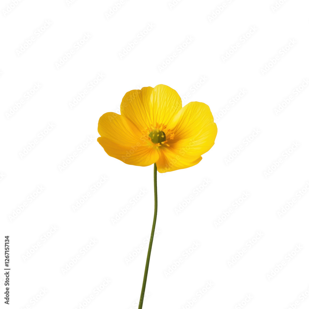 Naklejka premium A single yellow flower with a green stem. The flower is the main focus of the image and is the only object visible. The flower is positioned in the center of the image, and it is the most prominent