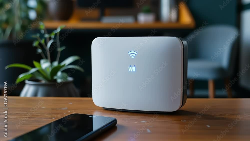 White router on table and blue Wi-Fi symbol on background of blurred room against window, wireless internet in cafe or hotel