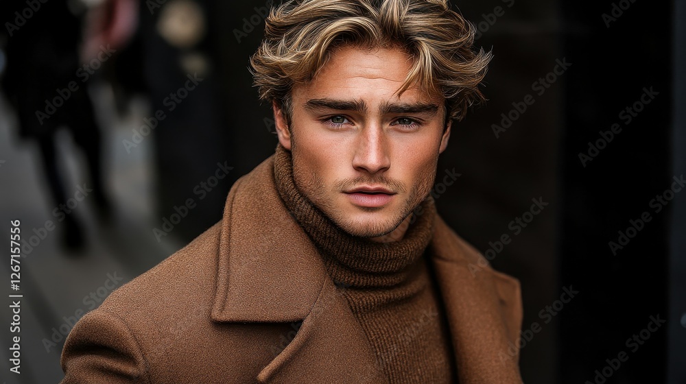 Obraz premium A man in a brown coat and sweater is standing in front of a building. He has a beard and is wearing a tie