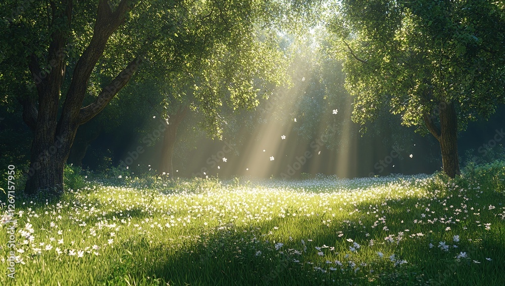 Obraz premium Sunbeams Illuminate Serene Meadow with Blossoms, Trees Create Magical Atmosphere in Peaceful Nature Scene