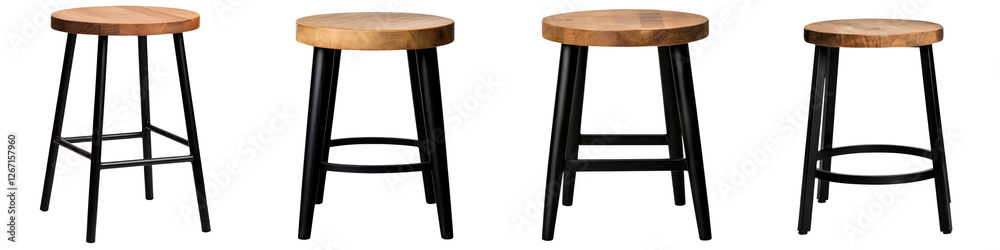 Assortment of modern and rustic wooden bar stools and side tables with minimalist black metal frames in a cozy and stylish home interior design Assortment of modern and rustic wooden bar stools and side tables with minimalist black metal frames in a cozy and stylish home interior design