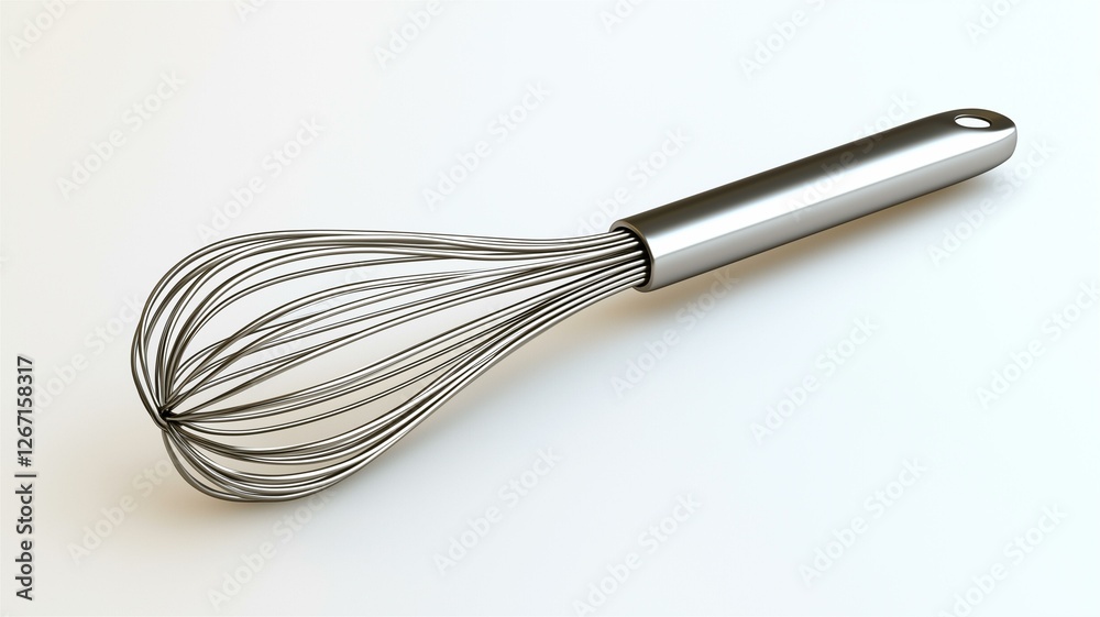 Ultra-realistic image of a stainless steel egg whisk with a comfortable handle, isolated on a white background
Ultra-realistic image of a stainless steel egg whisk with a comfortable handle, isolated on a white background