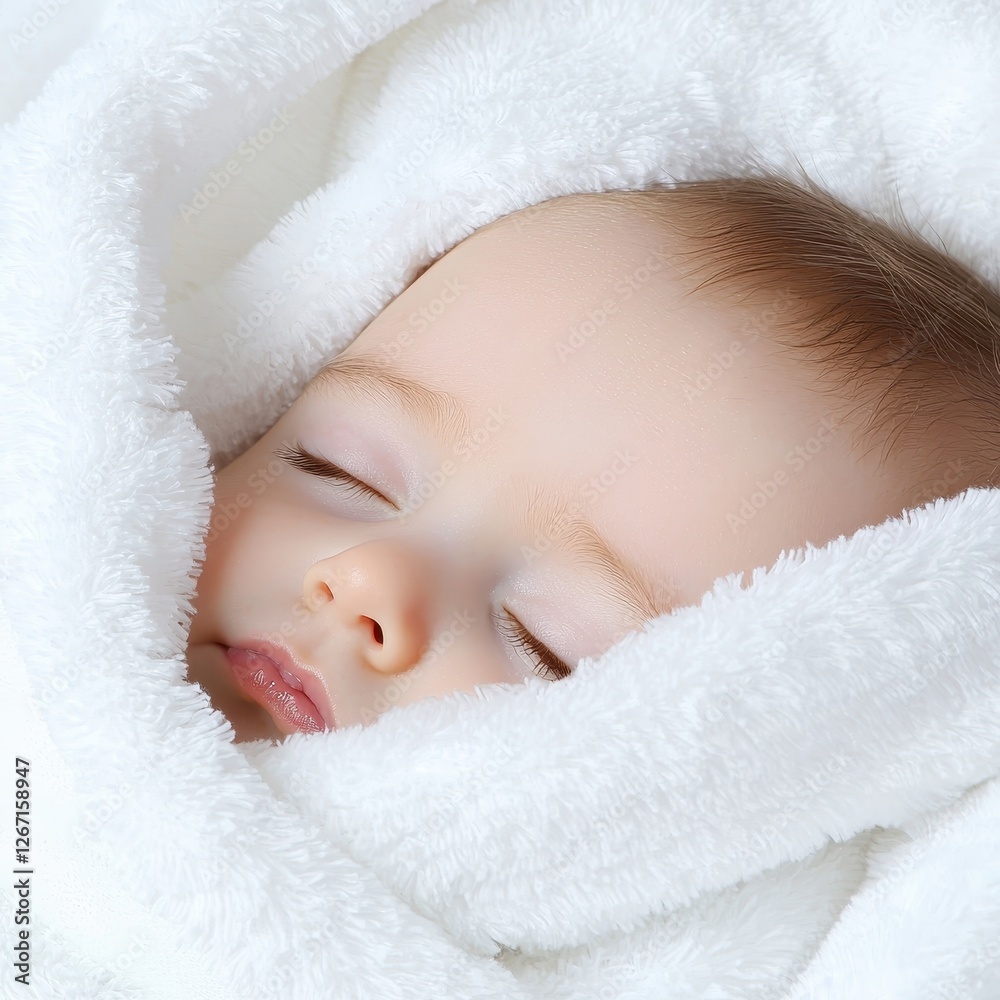 A serene sleeping baby wrapped in a soft white blanket, embodying calmness and innocence in a peaceful moment. A serene sleeping baby wrapped in a soft white blanket, embodying calmness and innocence in a peaceful moment.