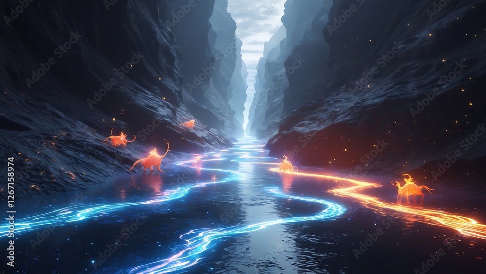 Glowing Foxes Along River in Deep Canyon with Magical Light Glowing Foxes Along River in Deep Canyon with Magical Light