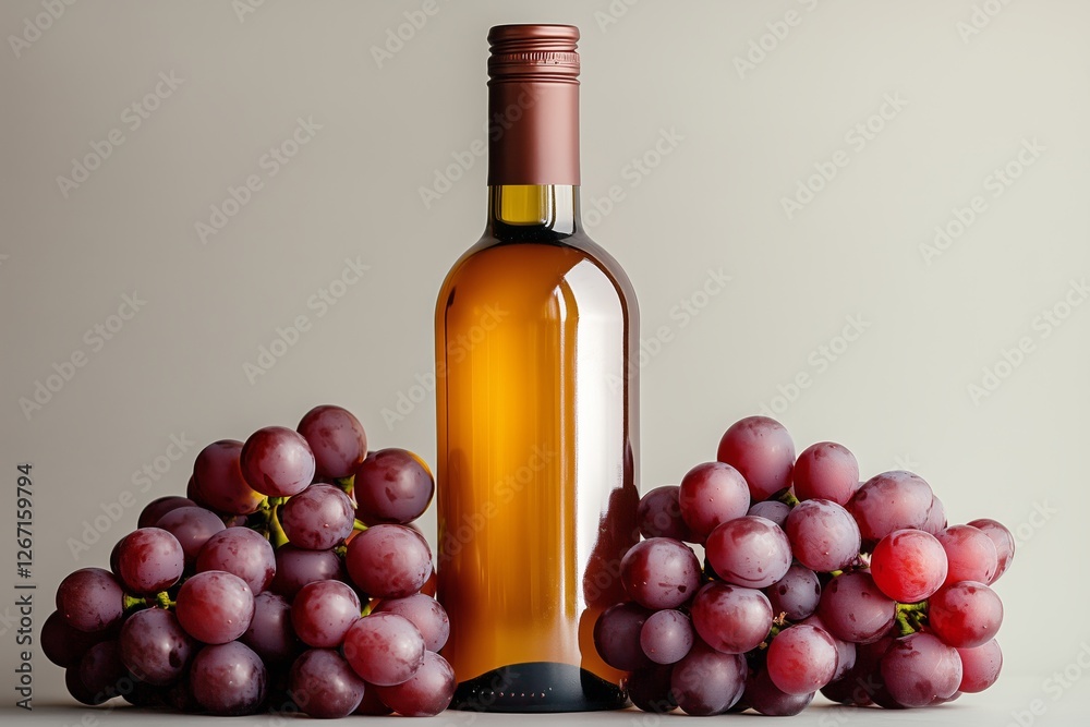 Obraz premium Fresh grapes and wine bottle display on neutral background with soft lighting