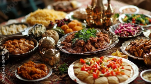 Delight in a vibrant collection of traditional dishes shared during Ramadan, showcasing aromatic spices, colorful ingredients, and the spirit of togetherness