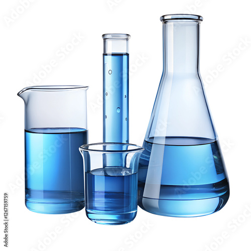 Laboratory Glassware with Blue Liquid on Transparent Background