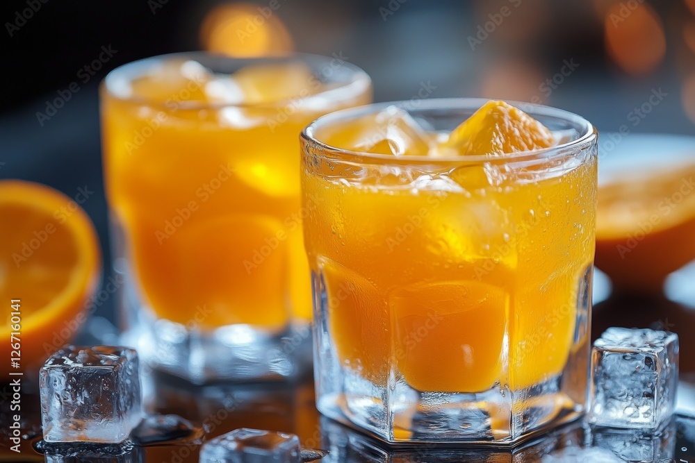 Refreshing orange drinks with ice in clear glasses on a dark background Refreshing orange drinks with ice in clear glasses on a dark background