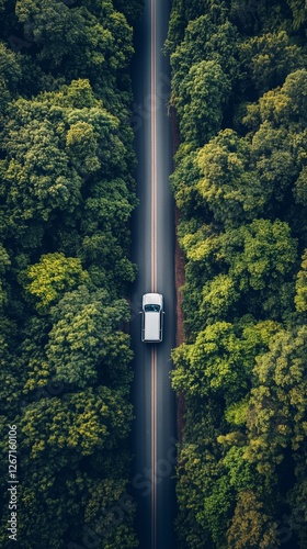 Car driving along a serene road surrounded by lush green trees during dayligh...
