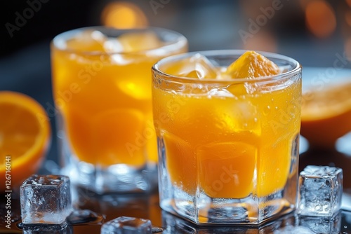 Refreshing orange drinks with ice in clear glasses on a dark background