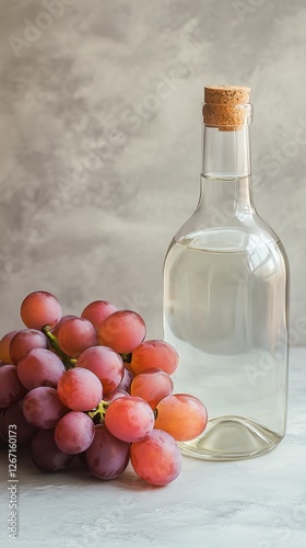 Grape cluster beside clear bottle with cork against a soft gray background