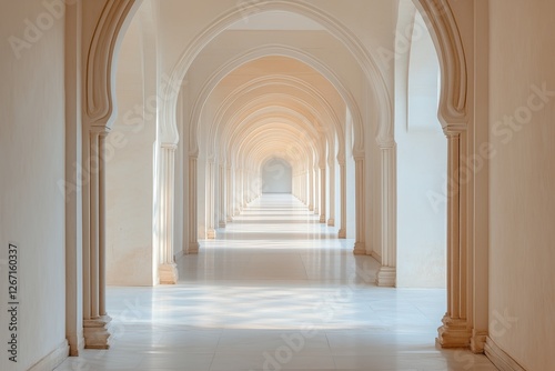 Elegant interior corridor with arched ceilings and bright lighting in a spaci...