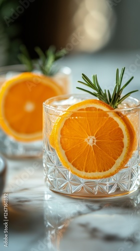 Fresh citrus drink with orange slices and rosemary on a marble counter