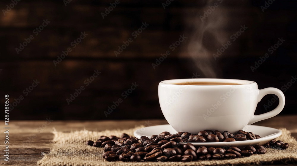 Steaming Cup of Coffee on Rustic Burlap with Roasted Beans, Moody Lighting and Vintage Spoon Creating a Rich, Sensory Experience Steaming Cup of Coffee on Rustic Burlap with Roasted Beans, Moody Lighting and Vintage Spoon Creating a Rich, Sensory Experience