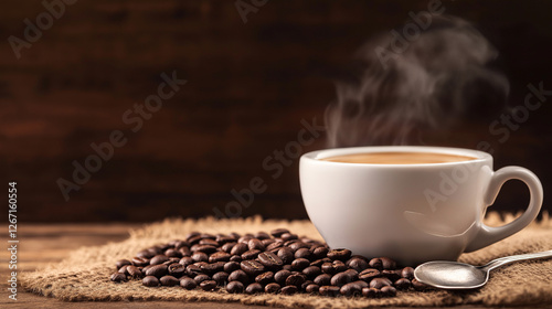 Steaming Cup of Coffee on Rustic Burlap with Roasted Beans, Moody Lighting and Vintage Spoon Creating a Rich, Sensory Experience
