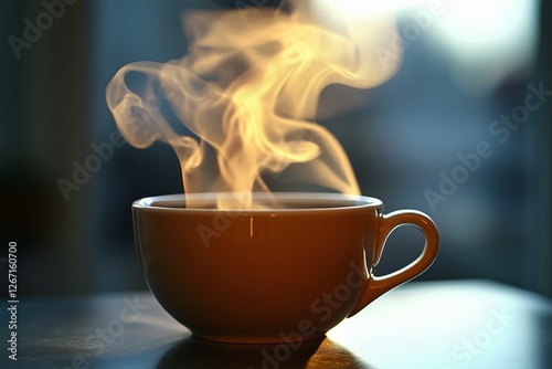 Warm cup of coffee with steam rising in bright morning light