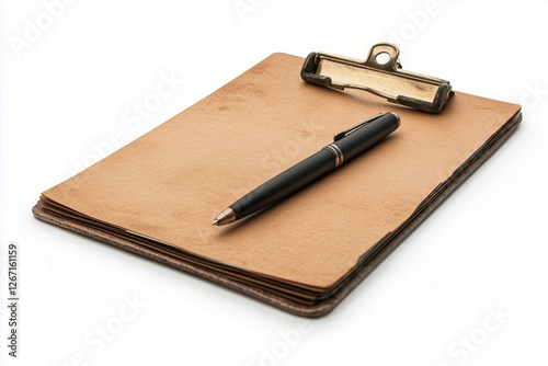 Writing tools on a clipboard at a work desk during the day