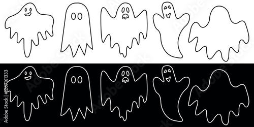 Set of Haunting Halloween Spirit Icons in outline. Spooky Ghost Silhouettes collection. Vector illustration isolated on black and white background.