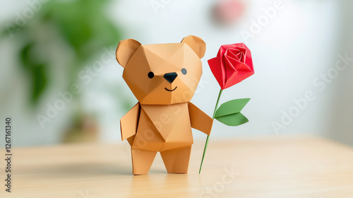 small origami teddy bear holding red rose