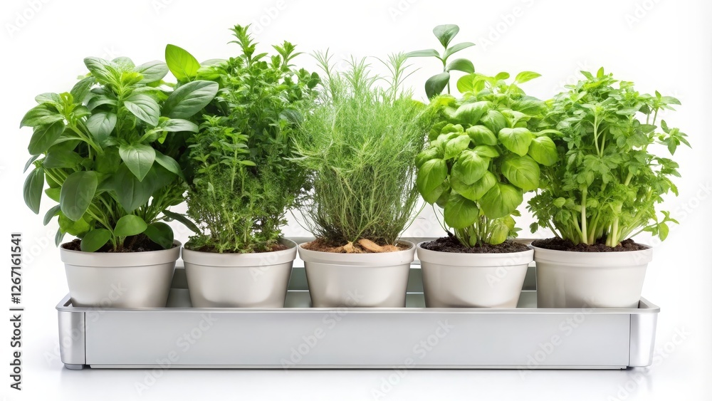 Herb Assortment in Pots on White Background