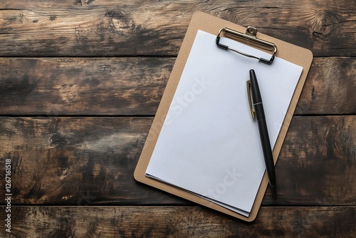 Writing tools on a wooden desk with blank paper and a pen ready for notes or ...