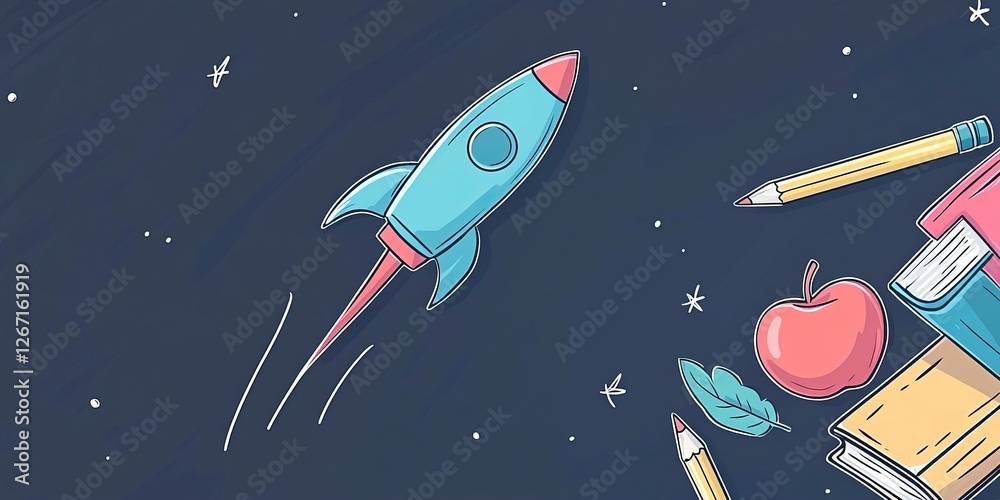 Creative illustration of a rocket soaring through space alongside educational elements like books, a pencil, and an apple in a vibrant night sky