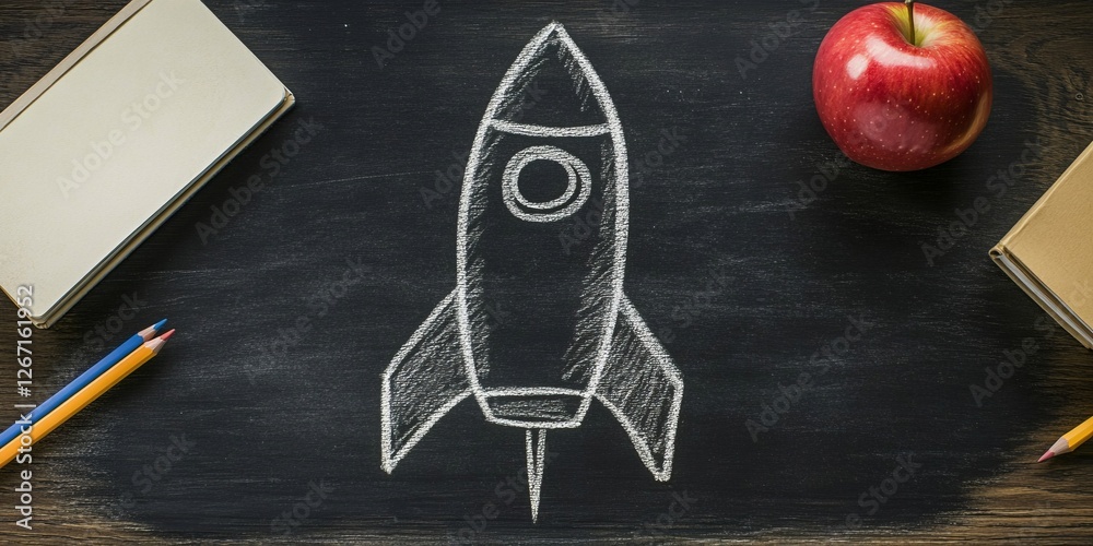 Creative rocket drawing on a chalkboard surrounded by stationery and an apple in a classroom setting