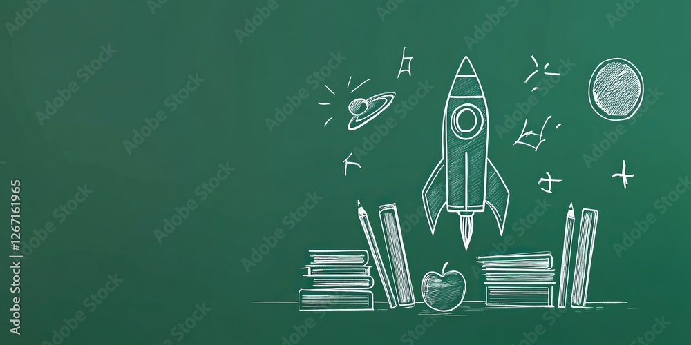 Creative chalkboard illustration depicting a rocket launch above books and an apple in an educational setting