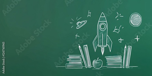 Obraz na płótnie Creative chalkboard illustration depicting a rocket launch above books and an apple in an educational setting w salonie