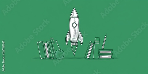 Obraz na płótnie Rocket-shaped pencil soaring above books and an apple on a green backdrop symbolizes education and creativity in a learning environment w salonie