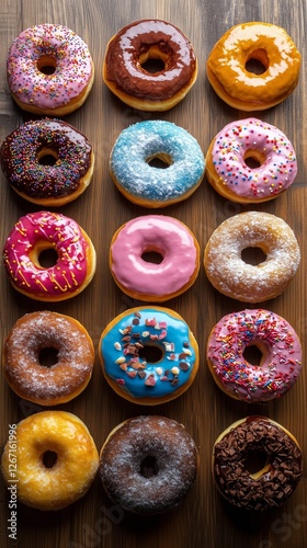 Colorful assortment of donuts arranged on a wooden table for a delightful treat