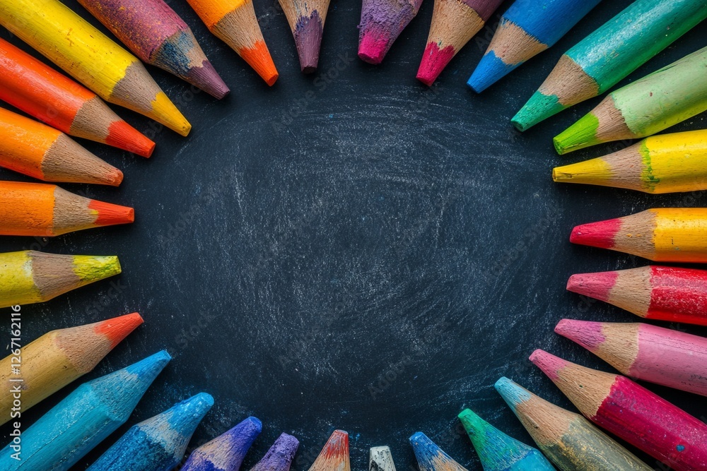 Brightly colored crayons arranged in a circular pattern on a black chalkboard showcasing creativity and artistic expression