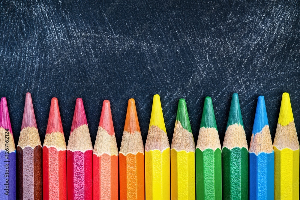 Assorted colored pencils neatly arranged against a textured black background highlighting vibrant hues and artistic potential during creative activities