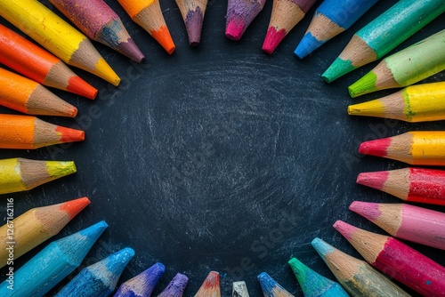 Brightly colored crayons arranged in a circular pattern on a black chalkboard showcasing creativity and artistic expression