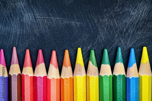 Obraz na płótnie Assorted colored pencils neatly arranged against a textured black background highlighting vibrant hues and artistic potential during creative activities w salonie