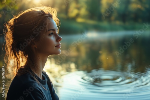 Woman reflecting by a serene lake in the early morning light with gentle ripples