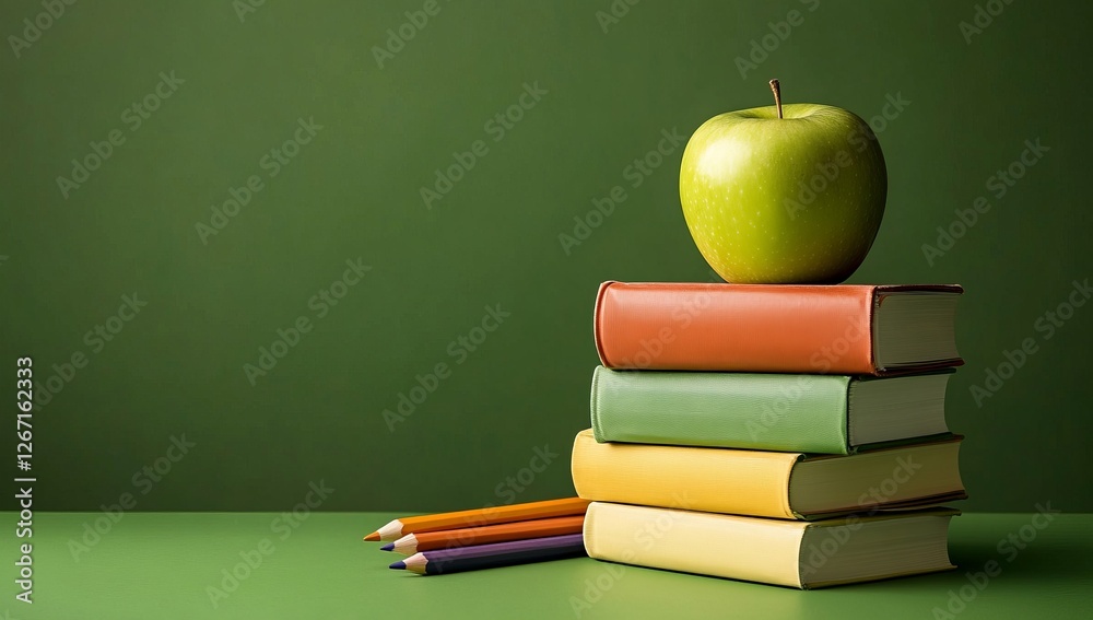 Green apple placed on a stack of colorful books with pencils nearby on a green surface during daylight