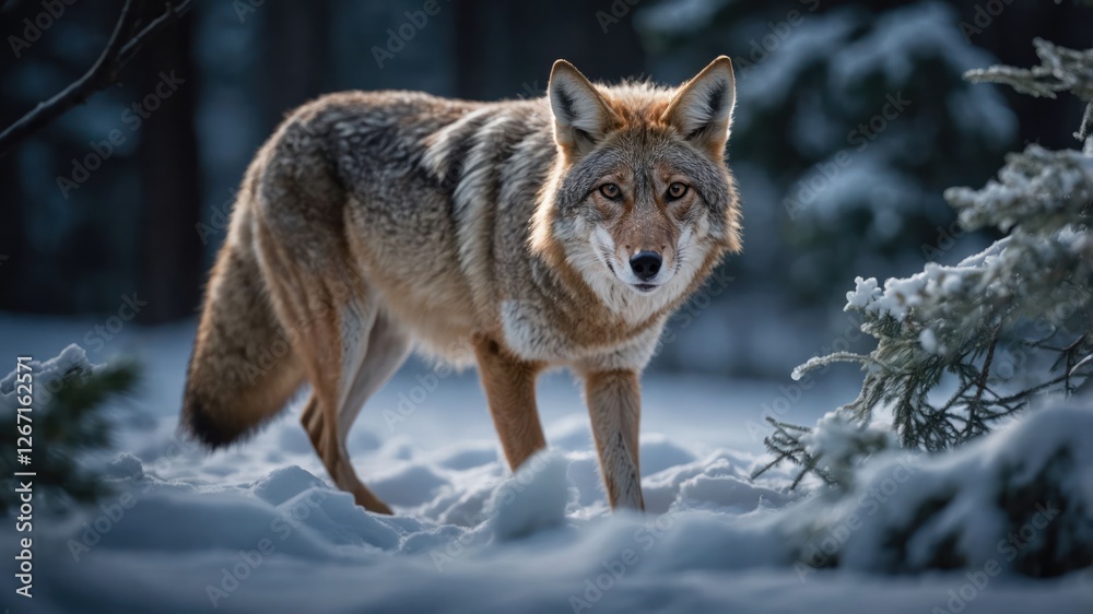 A coyote stands in a snowy landscape, showcasing its natural habitat and beauty. A coyote stands in a snowy landscape, showcasing its natural habitat and beauty.