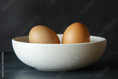 Two brown eggs in a white bowl placed on a dark surface in a cozy kitchen set...