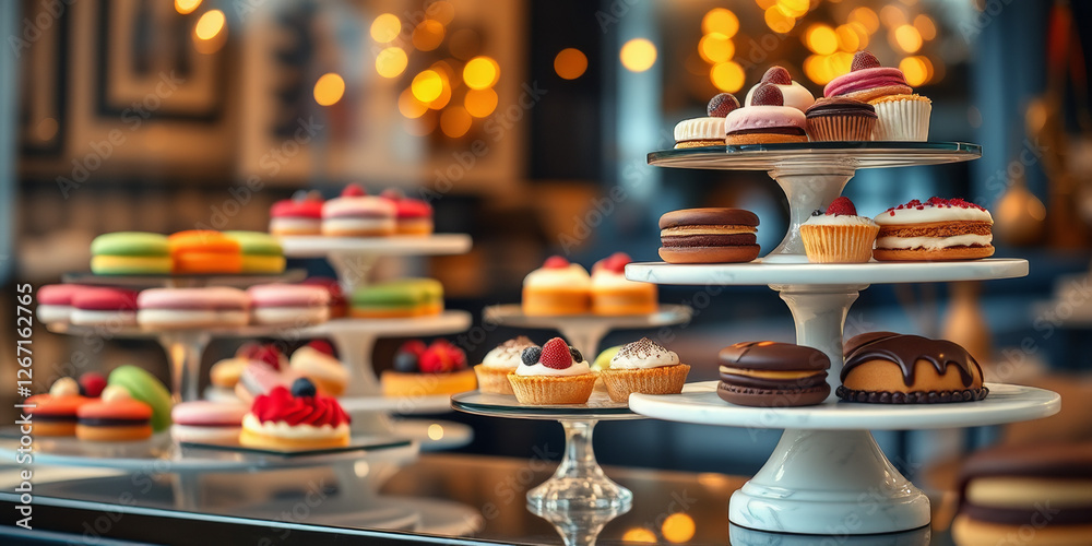 Glass display case with cakes in a confectionery store Glass display case with cakes in a confectionery store
