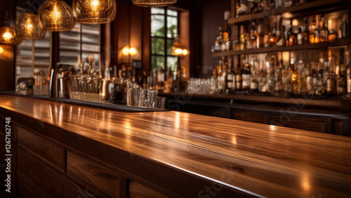 A polished wooden bar counter mockup with visible wood grain and soft lighting, creating a warm and inviting atmosphere 