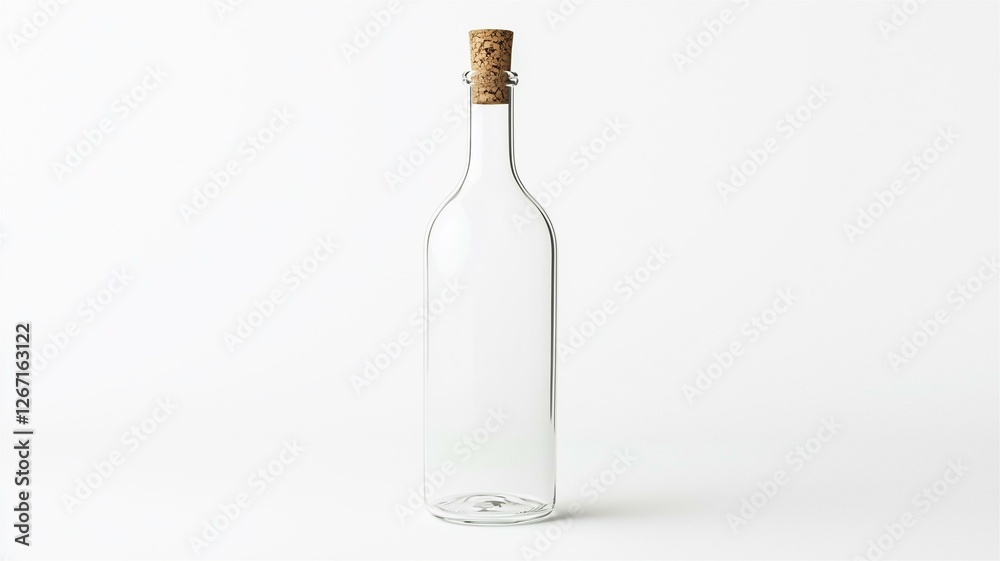 Photorealistic image of a clear glass wine bottle with a cork stopper, isolated on a white background
Photorealistic image of a clear glass wine bottle with a cork stopper, isolated on a white background