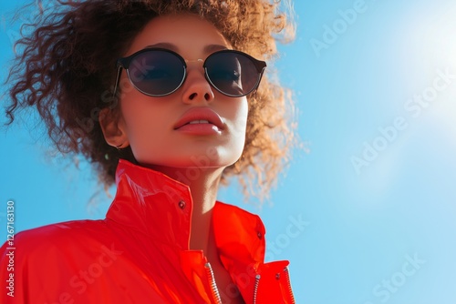Young woman in orange jacket and sunglasses enjoying sunny day in urban area