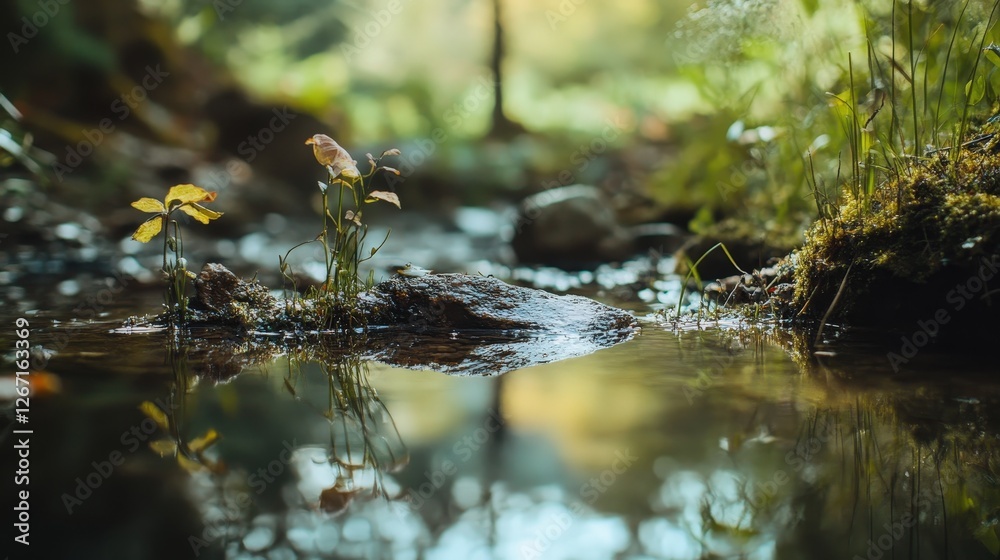 Tranquil forest creek surrounded by lush foliage and serene natural scenery. Tranquil forest creek surrounded by lush foliage and serene natural scenery.